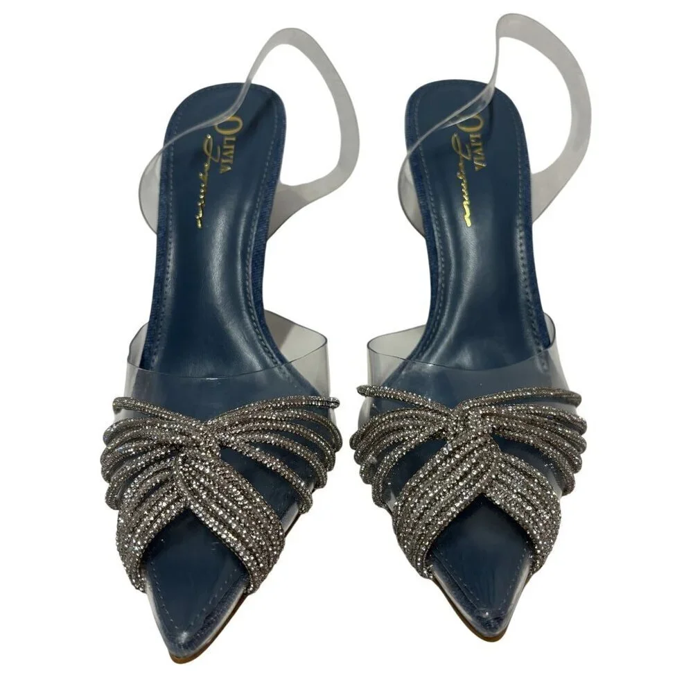 OLIVIA FERGUSON / Valentina / Blue / Open-Toe Heeled / Sandals With Rhinestone